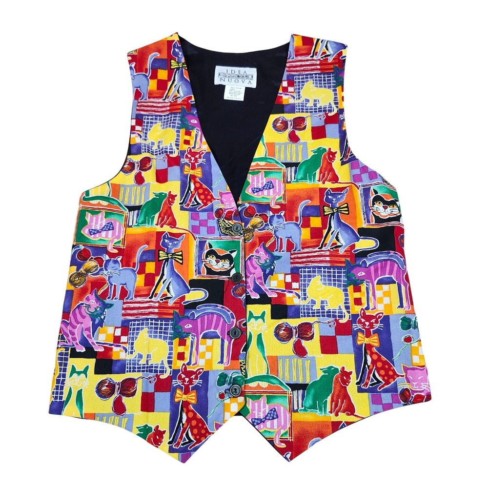 Idea‎ Nuova Vest Cat Print Multicolor Cotton Novelty Whimsical One Size